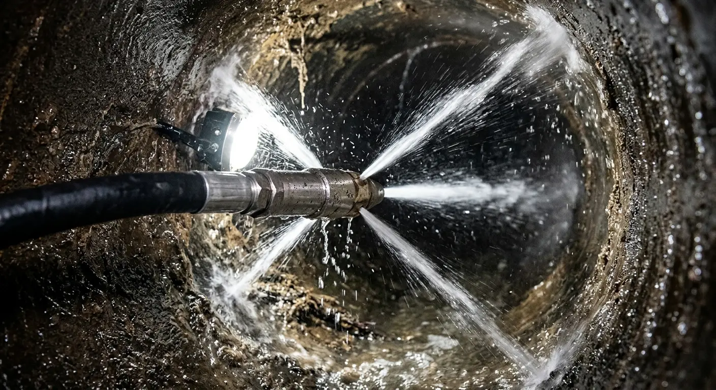 High-pressure hydro jetting nozzle cleaning sewer pipe for Storm Drain Cleaning in Parker