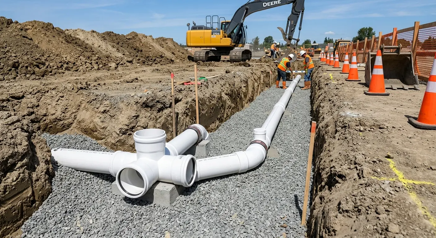 New PVC sewer pipe installation in open trench for Grease Trap Cleaning in Parker